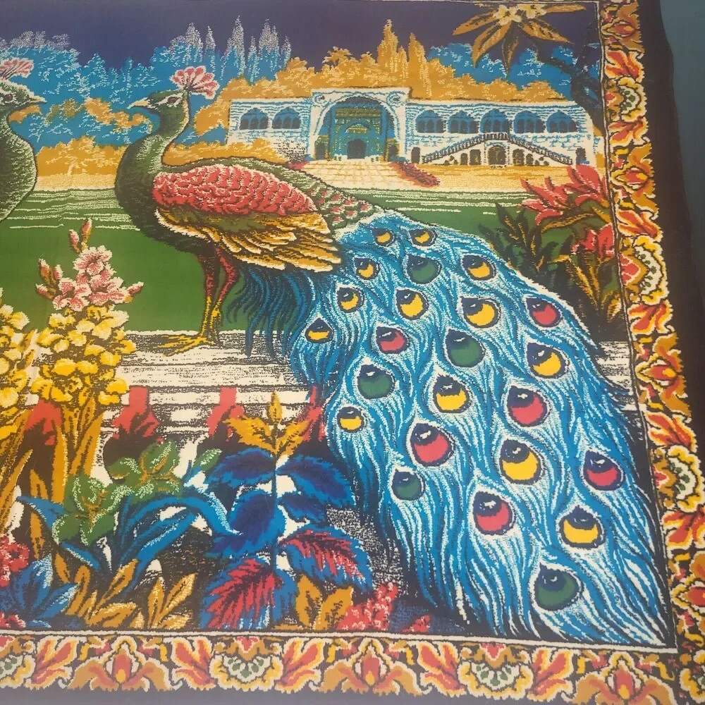 Peacock Theme Wall Rug Vintage Tapestry 1970's Made in Turkey 38 x 51